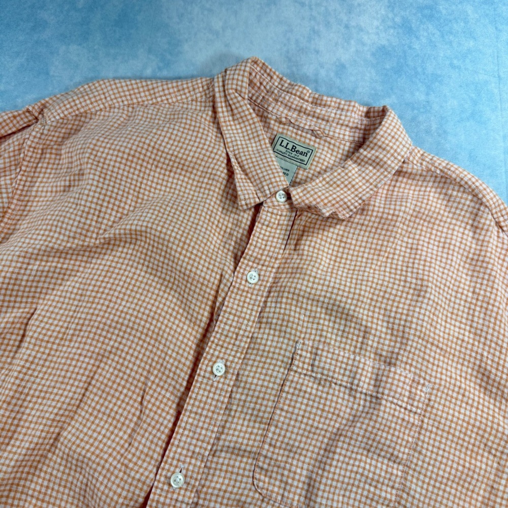 LL Bean Linen Button Down Shirt Mens XXL Orange Gingham Excellent Short Sleeve
